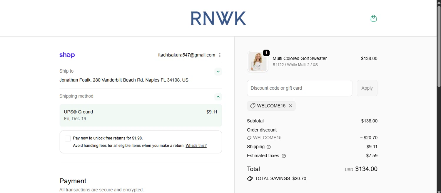 Renwick promo code screenshot showing code WELCOME15 applied at Renwick checkout page. Uploaded by SimplyCodes community member noworries on Dec 12, 2025