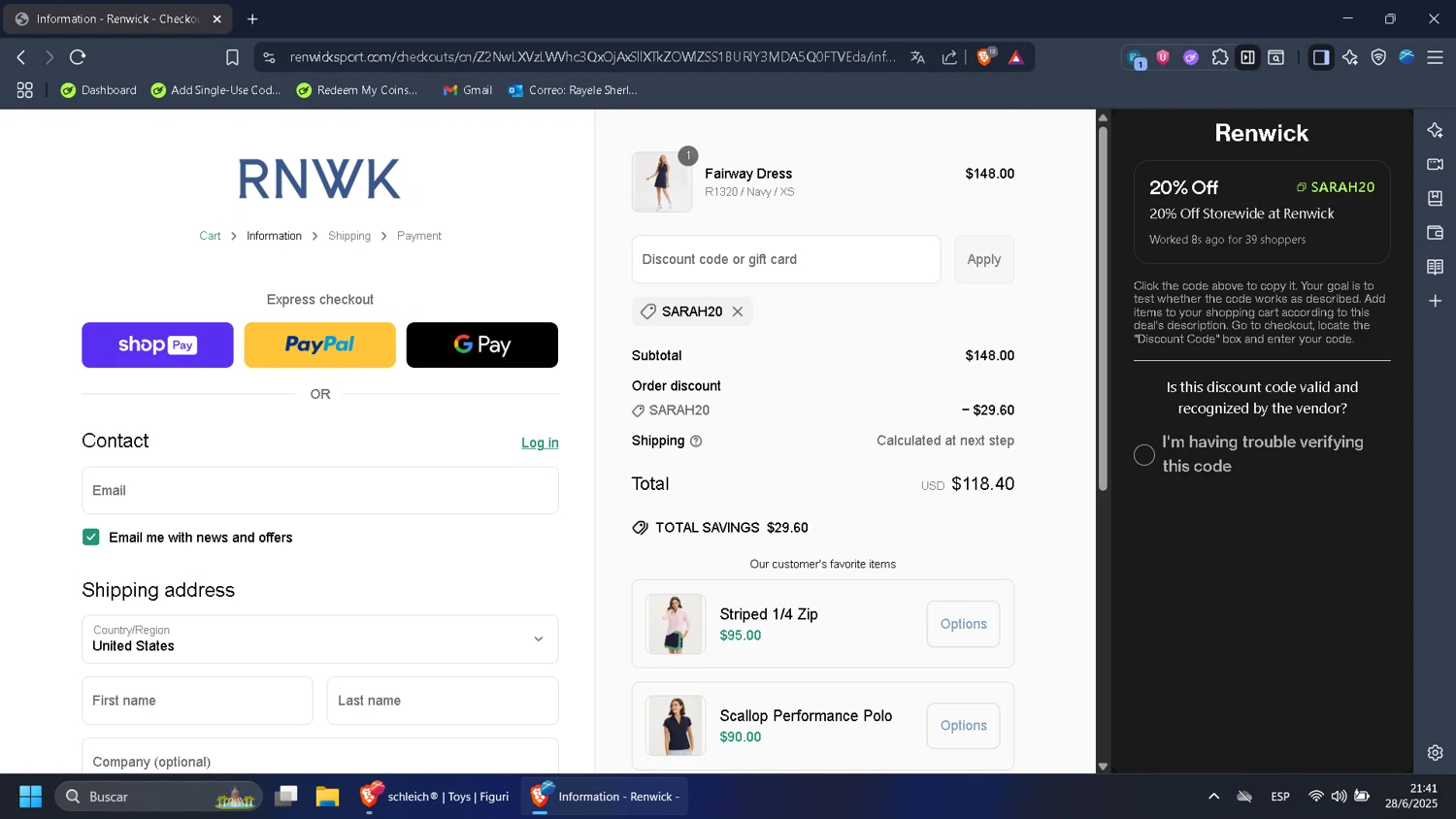 Renwick promo code screenshot showing code SARAH20 applied at Renwick checkout page. Uploaded by SimplyCodes community member HugoChavez1 on Jun 29, 2025
