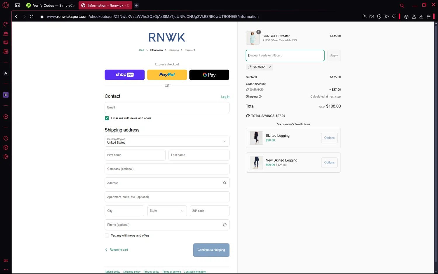 Renwick promo code screenshot showing code SARAH20 applied at Renwick checkout page. Uploaded by SimplyCodes community member frijolito on Apr 17, 2025