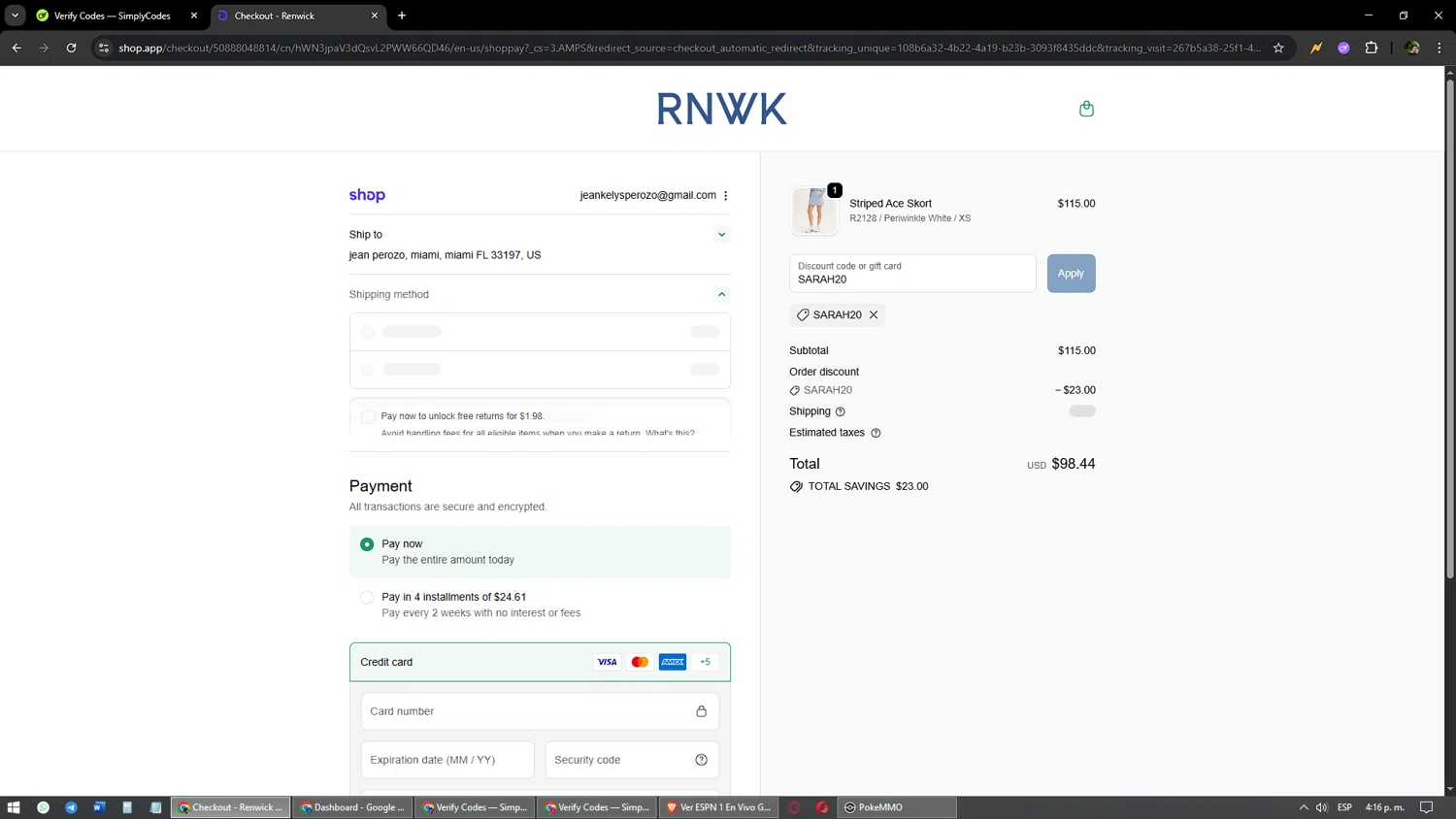 Renwick promo code screenshot showing code SARAH20 applied at Renwick checkout page. Uploaded by SimplyCodes community member yonaiker on Oct 4, 2025