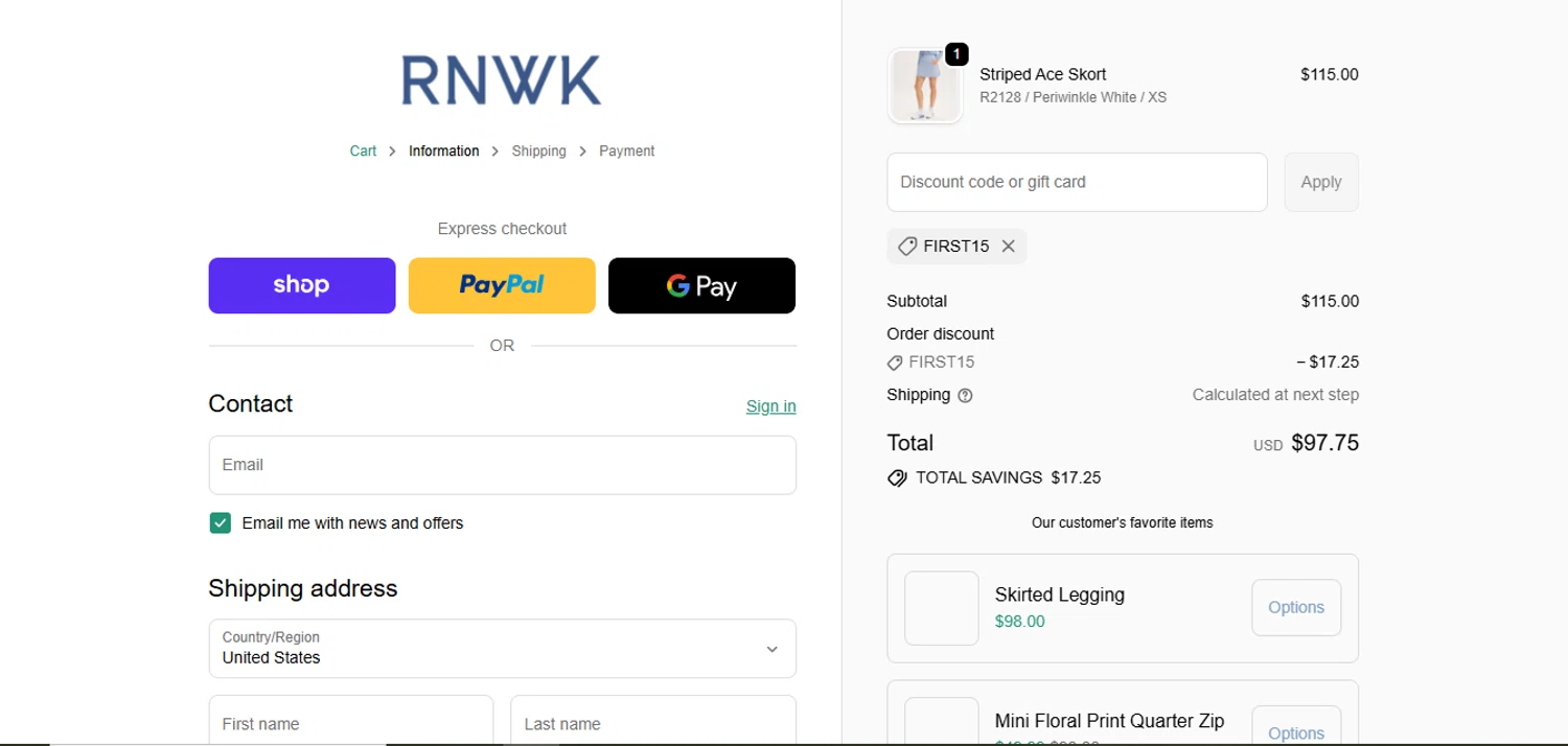 Renwick promo code screenshot showing code FIRST15 applied at Renwick checkout page. Uploaded by SimplyCodes community member juanisaac on Oct 4, 2025