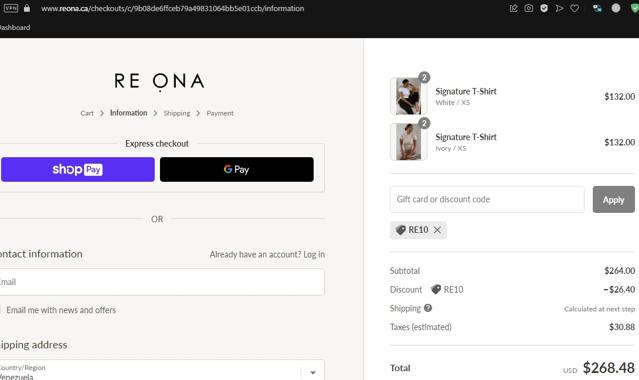 RE ONA checkout page showing RE ONA promo code box | Screenshot taken by SimplyCodes community member on Sep 7, 2022
