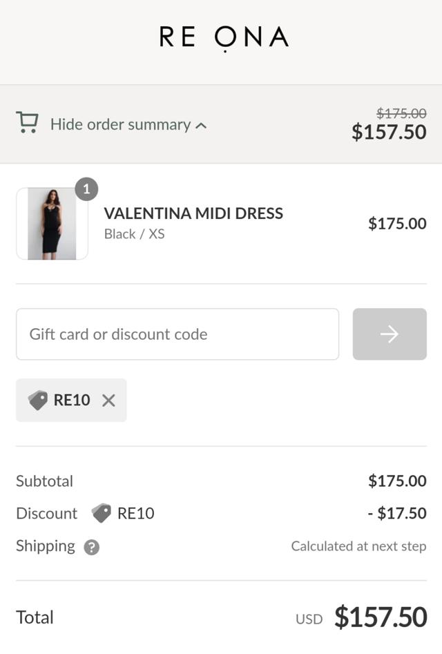 RE ONA checkout page showing RE ONA promo code box | Screenshot taken by SimplyCodes community member on Aug 9, 2022