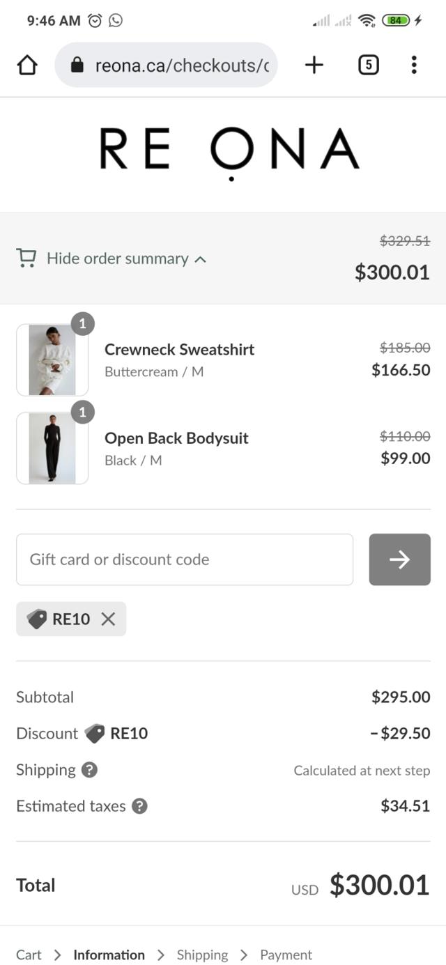 RE ONA checkout page showing RE ONA promo code box | Screenshot taken by SimplyCodes community member on Nov 4, 2022