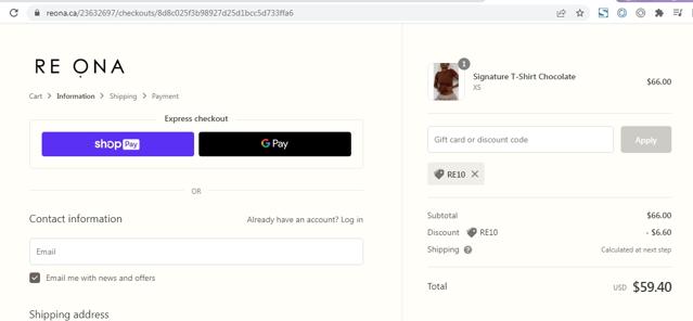 RE ONA checkout page showing RE ONA promo code box | Screenshot taken by SimplyCodes community member on May 4, 2022