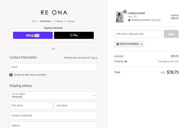 RE ONA checkout page showing RE ONA promo code box | Screenshot taken by SimplyCodes community member on Aug 15, 2022