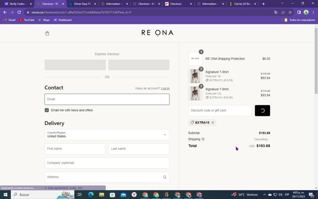 RE ONA checkout page showing RE ONA promo code box | Screenshot taken by SimplyCodes community member on Nov 29, 2023