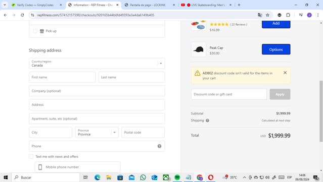 Rep Fitness checkout page showing Rep Fitness discount code box | Screenshot taken by SimplyCodes community member on Aug 9, 2024