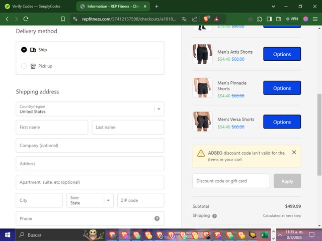 Rep Fitness checkout page showing Rep Fitness discount code box | Screenshot taken by SimplyCodes community member on Aug 8, 2024