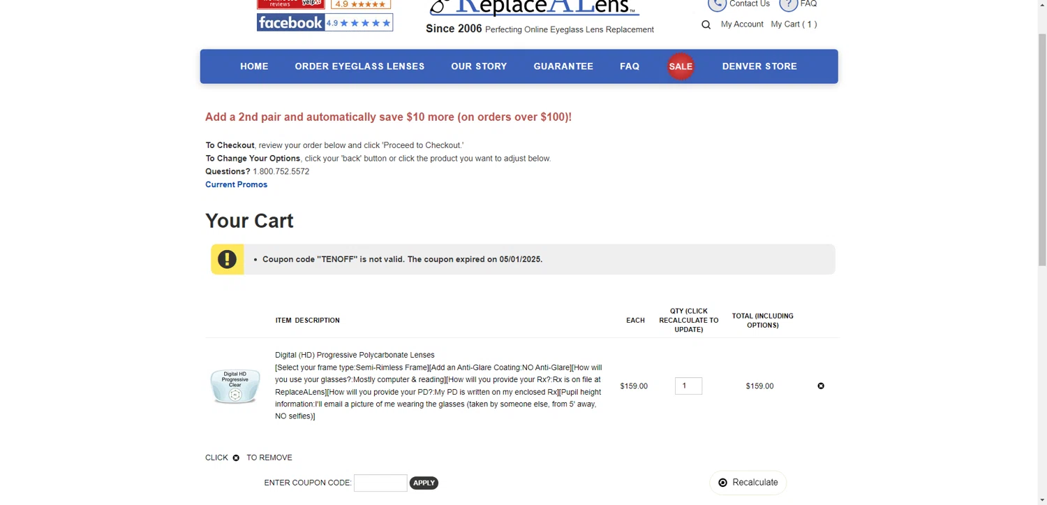 ReplaceALens promo code screenshot showing code TENOFF applied at ReplaceALens checkout page. Uploaded by SimplyCodes community member EpicHunter7616 on May 21, 2025
