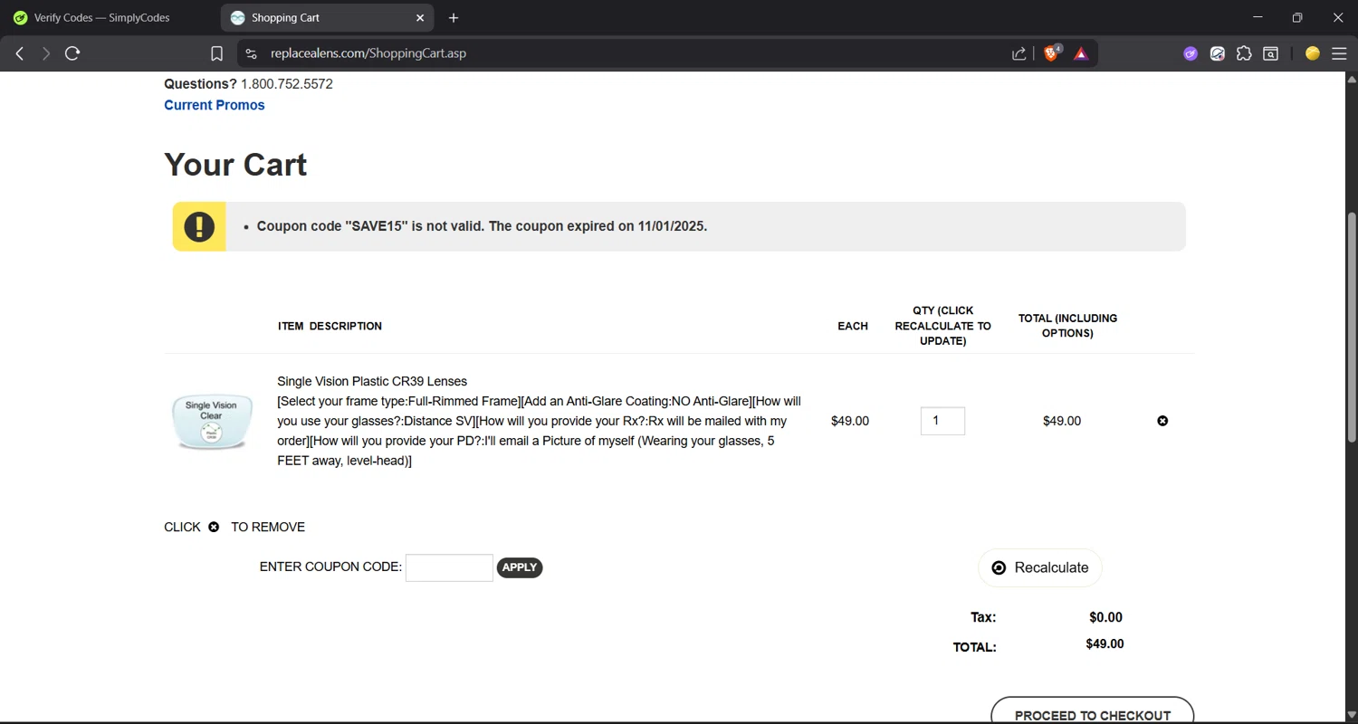 ReplaceALens promo code screenshot showing code SAVE15 applied at ReplaceALens checkout page. Uploaded by SimplyCodes community member Materiagrey10 on Nov 13, 2025
