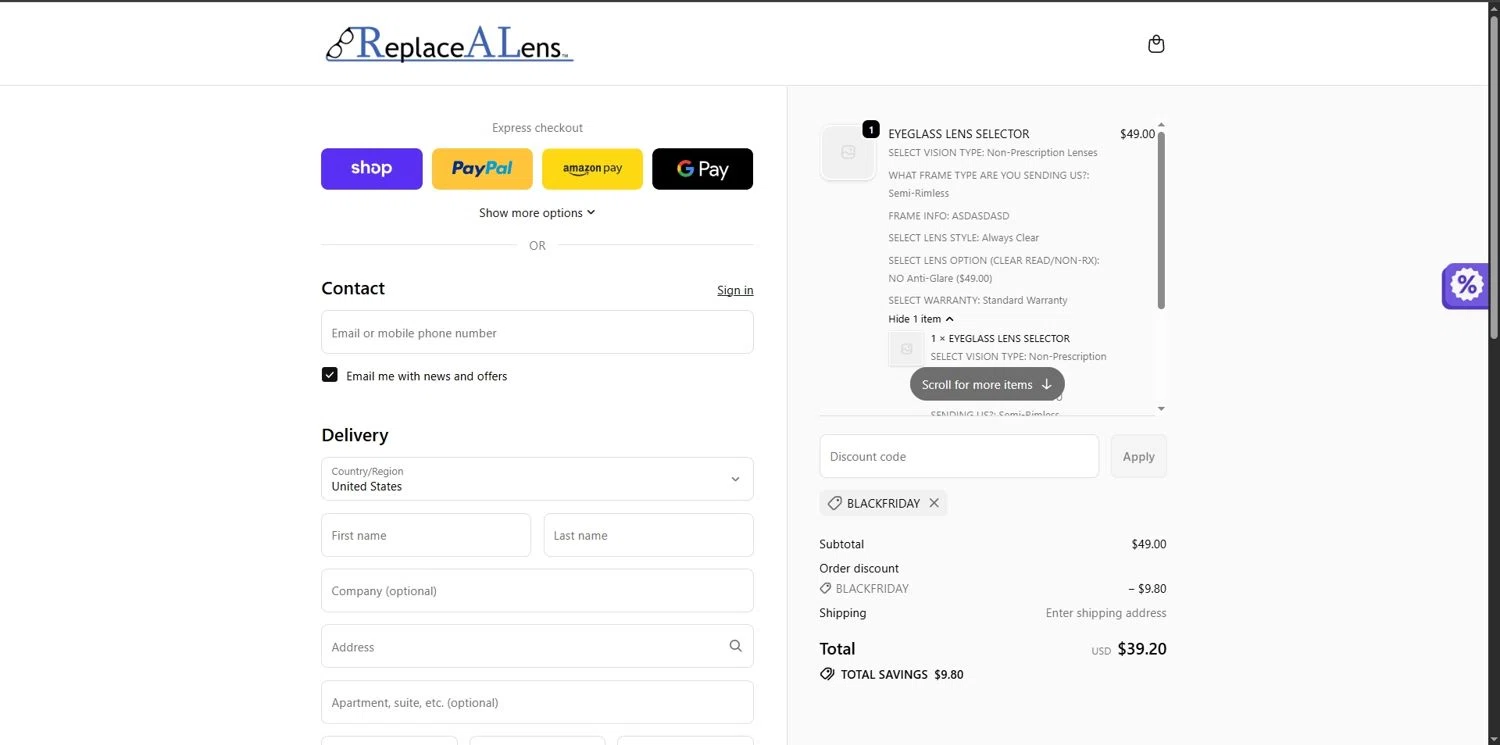 ReplaceALens promo code screenshot showing code BLACKFRIDAY applied at ReplaceALens checkout page. Uploaded by SimplyCodes community member Depressive on Nov 26, 2025