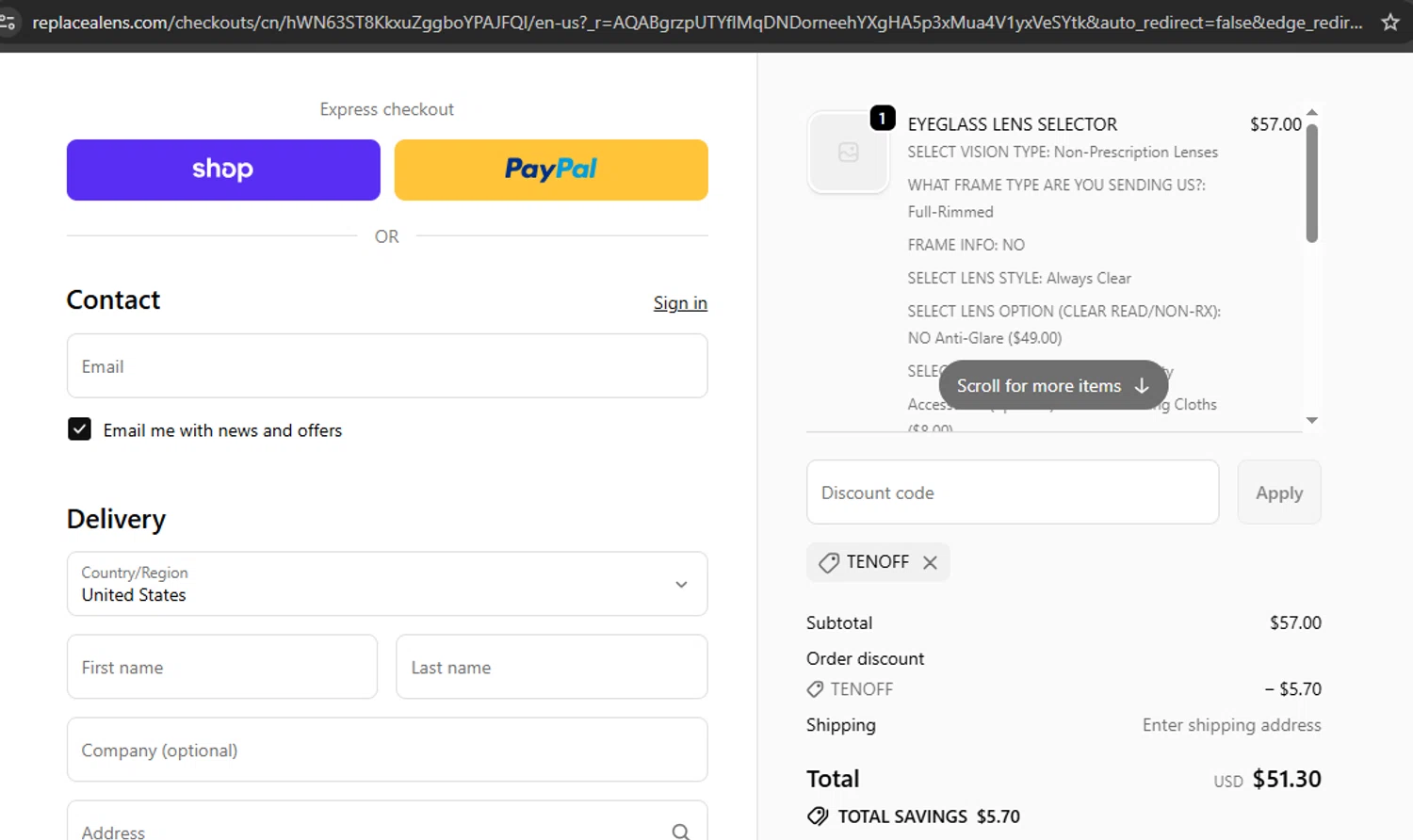 ReplaceALens promo code screenshot showing code TENOFF applied at ReplaceALens checkout page. Uploaded by SimplyCodes community member argenygalvez on Dec 4, 2025