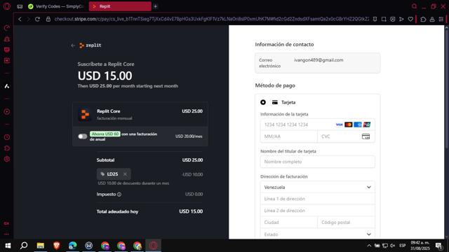 Replit checkout page showing Replit promo code box | Screenshot taken by SimplyCodes community member on Aug 31, 2025