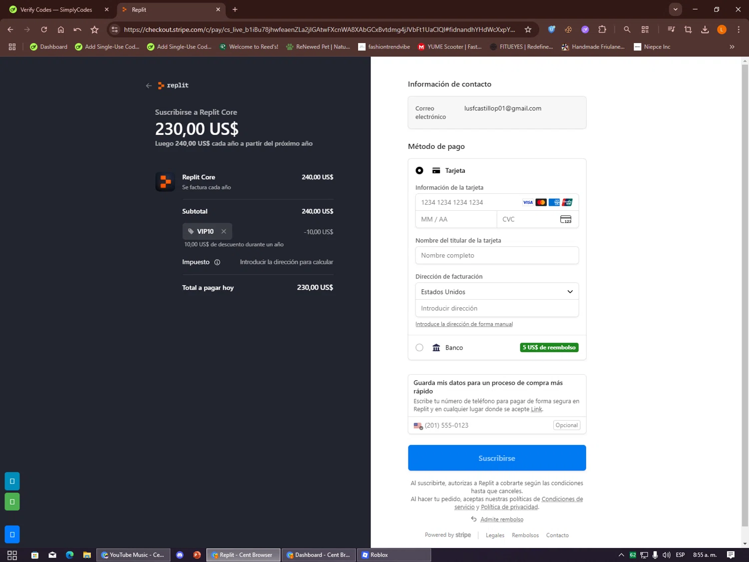 Replit AI promo code screenshot showing code vip10 applied at Replit AI checkout page. Uploaded by SimplyCodes community member Alalee on Dec 15, 2025
