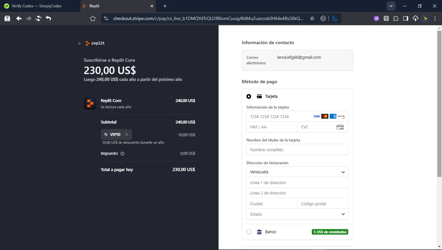 Replit AI promo code screenshot showing code vip10 applied at Replit AI checkout page. Uploaded by SimplyCodes community member userrandon on Feb 5, 2026