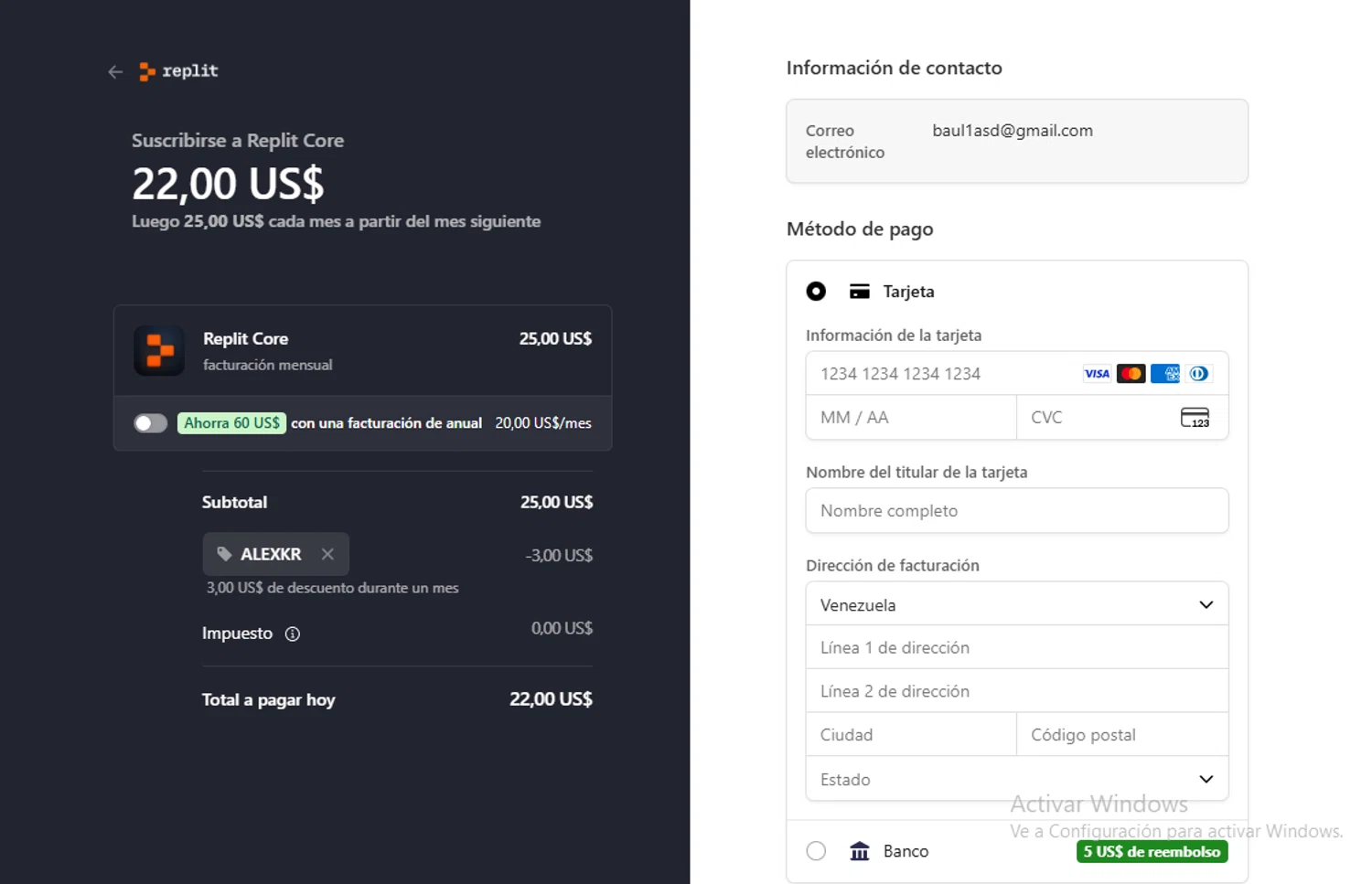 Replit AI promo code screenshot showing code ALEXKR applied at Replit AI checkout page. Uploaded by SimplyCodes community member Gary_23 on Nov 16, 2025