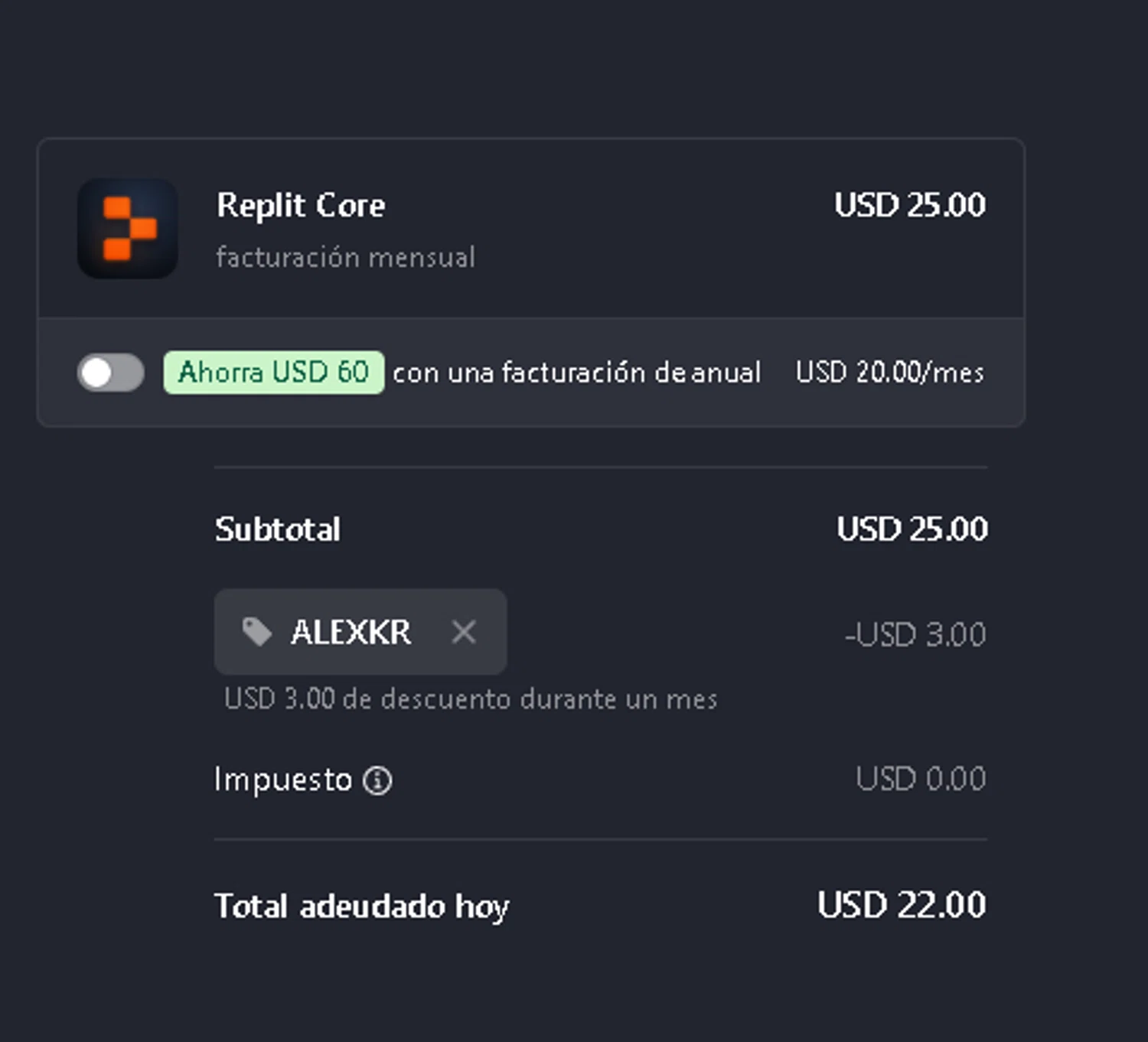 Replit AI promo code screenshot showing code ALEXKR applied at Replit AI checkout page. Uploaded by SimplyCodes community member Netheryno on Oct 18, 2025