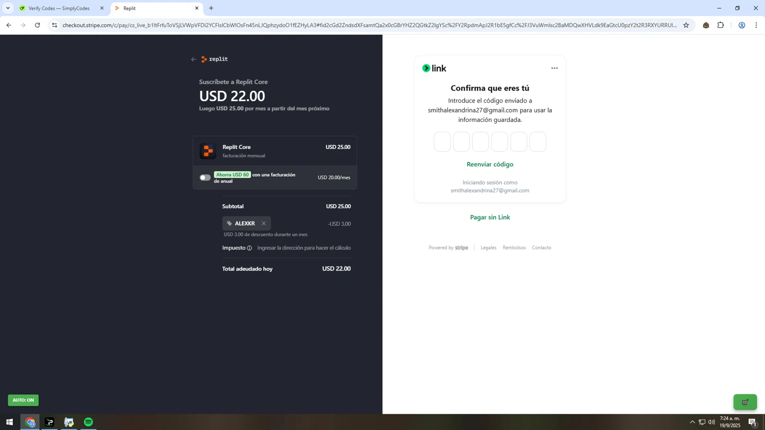 Replit AI promo code screenshot showing code ALEXKR applied at Replit AI checkout page. Uploaded by SimplyCodes community member MRYORMAN on Sep 19, 2025