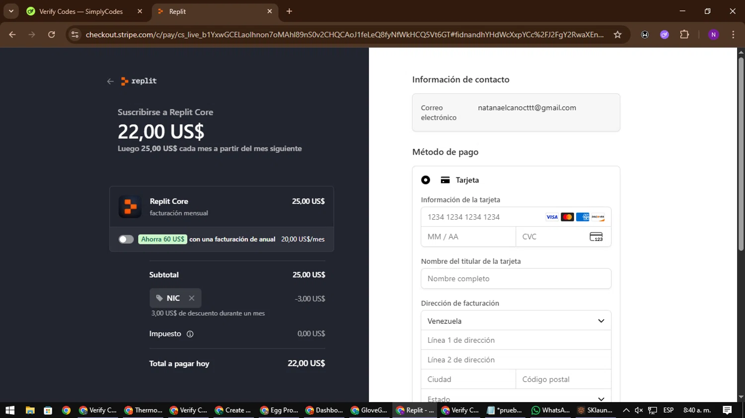 Replit AI promo code screenshot showing code NIC applied at Replit AI checkout page. Uploaded by SimplyCodes community member NATAAAAAANAELCANO on Nov 19, 2025