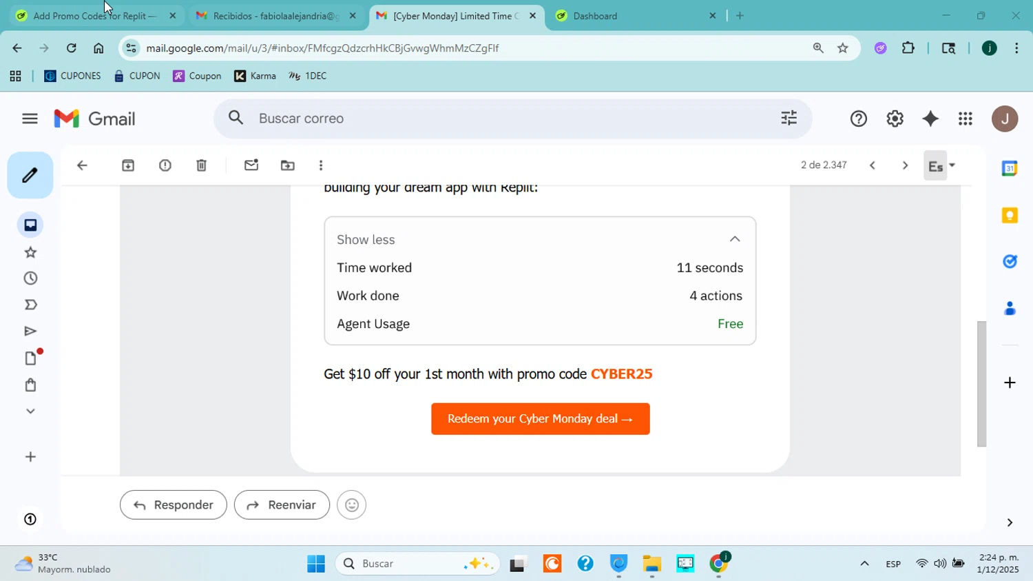 Replit AI promo code screenshot showing code CYBER25 applied at Replit AI checkout page. Uploaded by SimplyCodes community member jorgejavierherrera on Dec 1, 2025