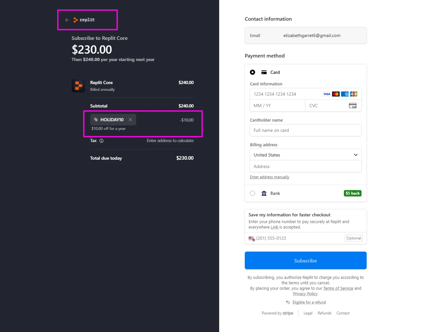 Replit AI promo code screenshot showing code HOLIDAY10 applied at Replit AI checkout page. Uploaded by SimplyCodes community member mrdarcy on Dec 18, 2025