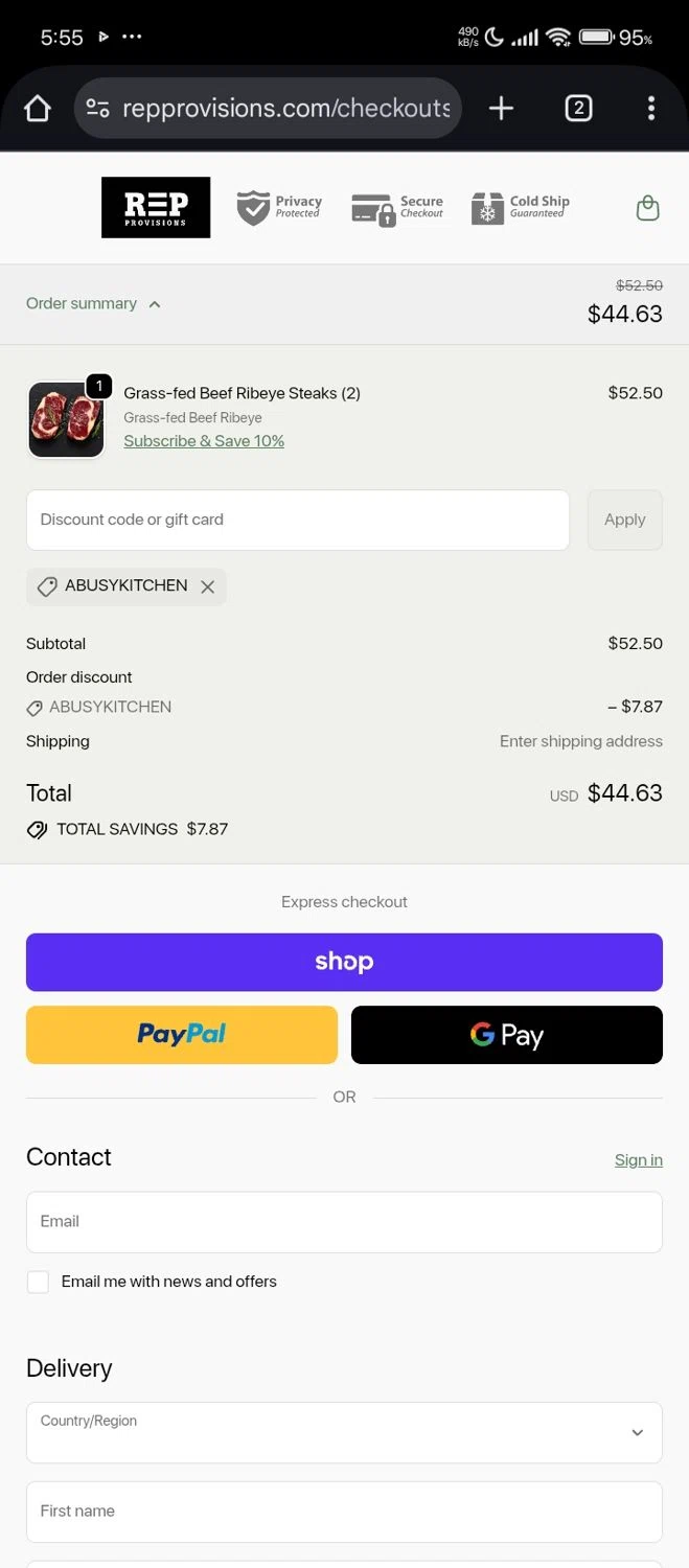 REP Provisions discount code screenshot showing code ABUSYKITCHEN applied at REP Provisions checkout page. Uploaded by SimplyCodes community member Lhhfhii on Nov 23, 2025