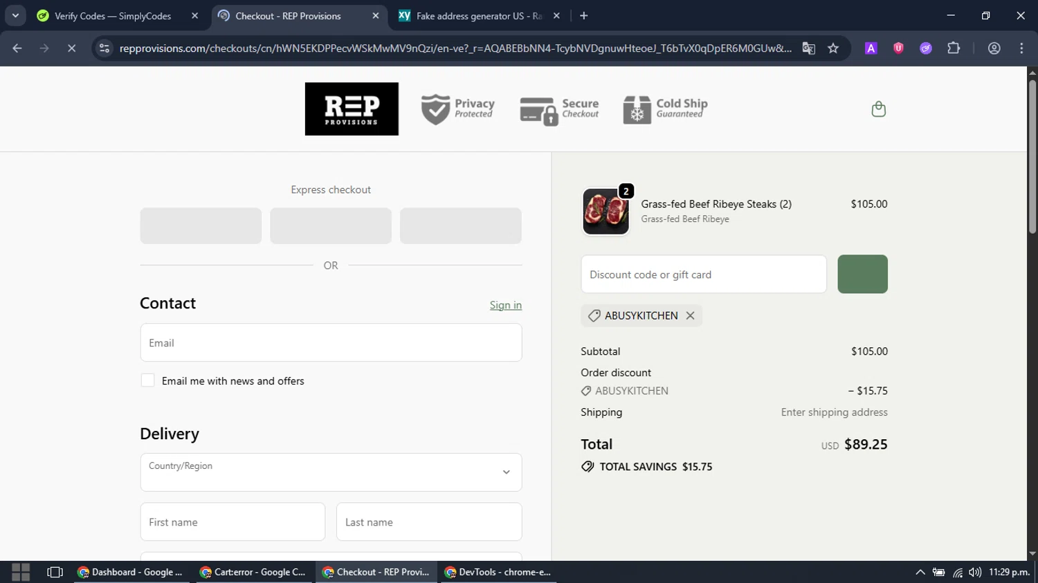 REP Provisions discount code screenshot showing code ABUSYKITCHEN applied at REP Provisions checkout page. Uploaded by SimplyCodes community member MoneyTitan1832 on Nov 13, 2025