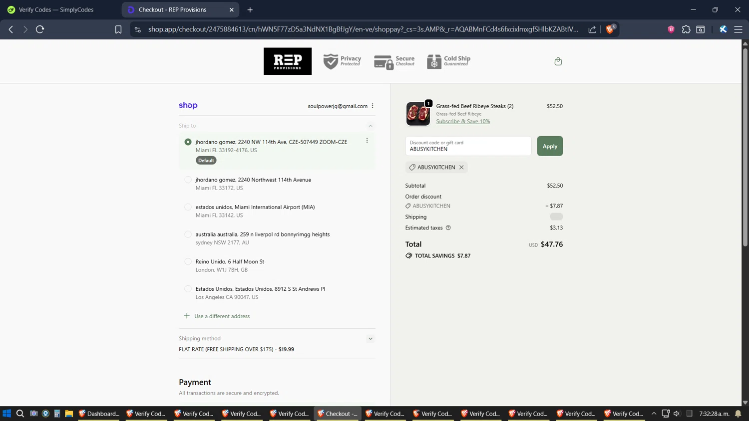 REP Provisions discount code screenshot showing code ABUSYKITCHEN applied at REP Provisions checkout page. Uploaded by SimplyCodes community member TreasureExpert3303 on Nov 13, 2025
