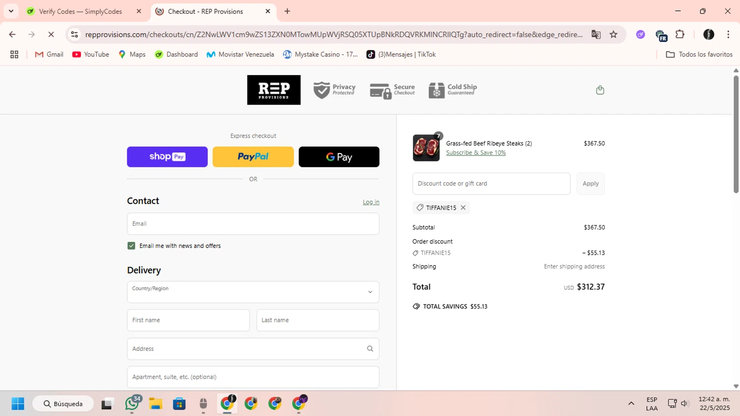 REP Provisions discount code screenshot showing code TIFFANIE15 applied at REP Provisions checkout page. Uploaded by SimplyCodes community member ChinoYugiXD on May 22, 2025