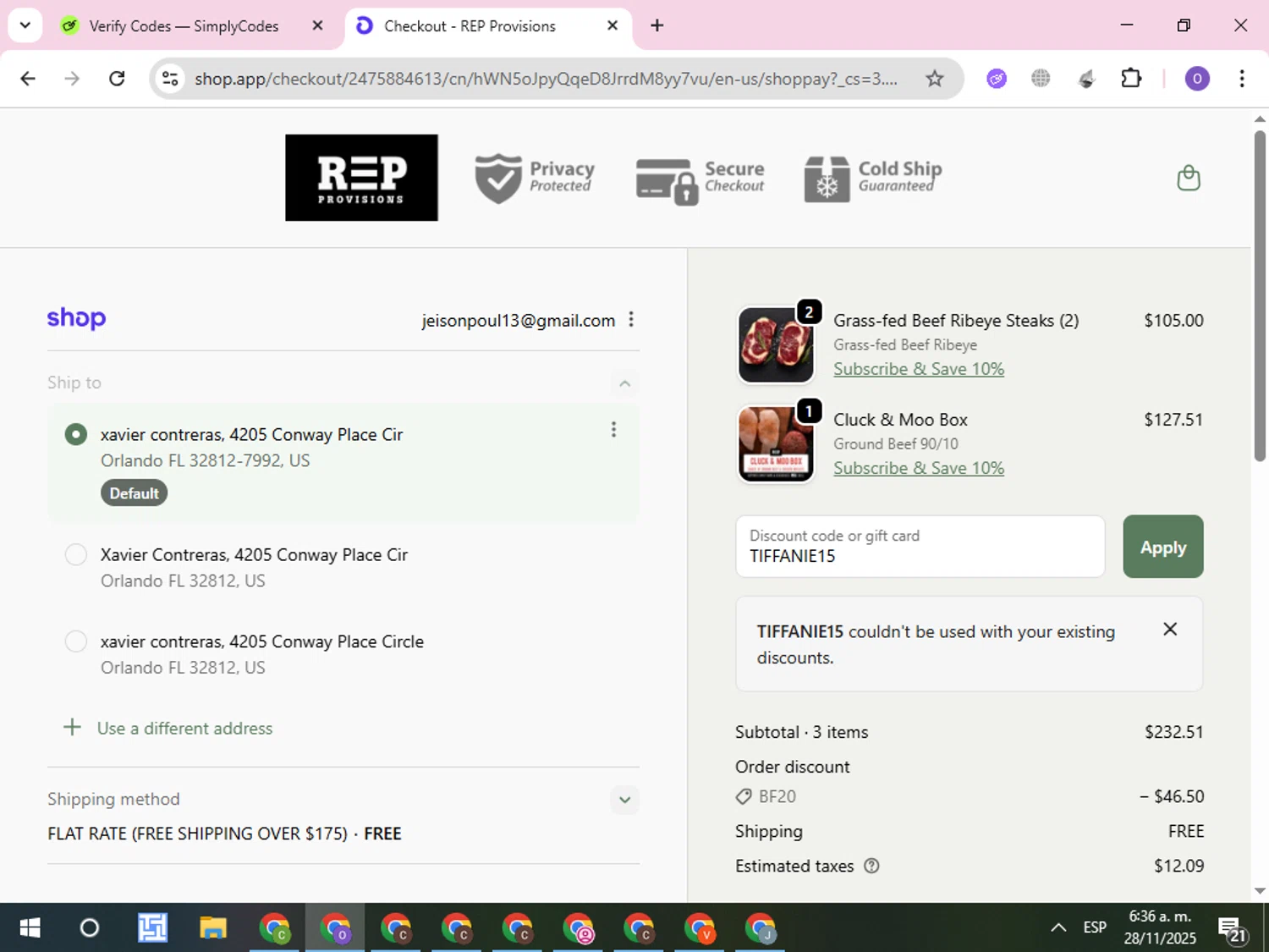 REP Provisions discount code screenshot showing code TIFFANIE15 applied at REP Provisions checkout page. Uploaded by SimplyCodes community member CleverLynx8245 on Nov 28, 2025
