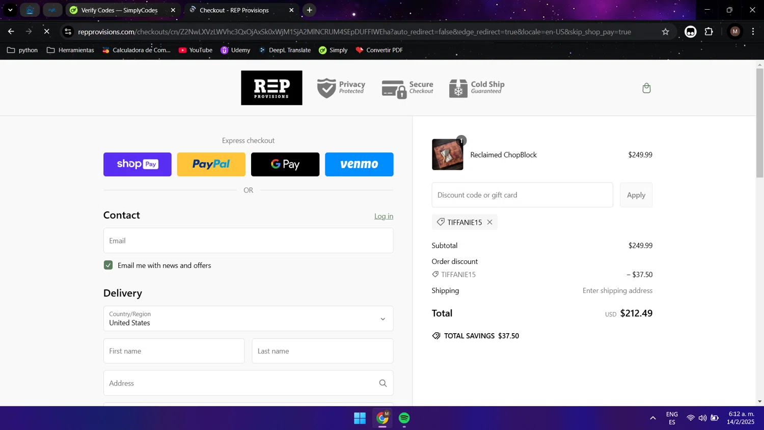 REP Provisions discount code screenshot showing code TIFFANIE15 applied at REP Provisions checkout page. Uploaded by SimplyCodes community member Maocar on Feb 14, 2025