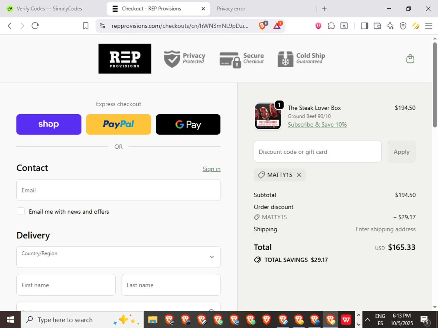 REP Provisions discount code screenshot showing code Matty15 applied at REP Provisions checkout page. Uploaded by SimplyCodes community member GoldGuardian667 on Oct 5, 2025
