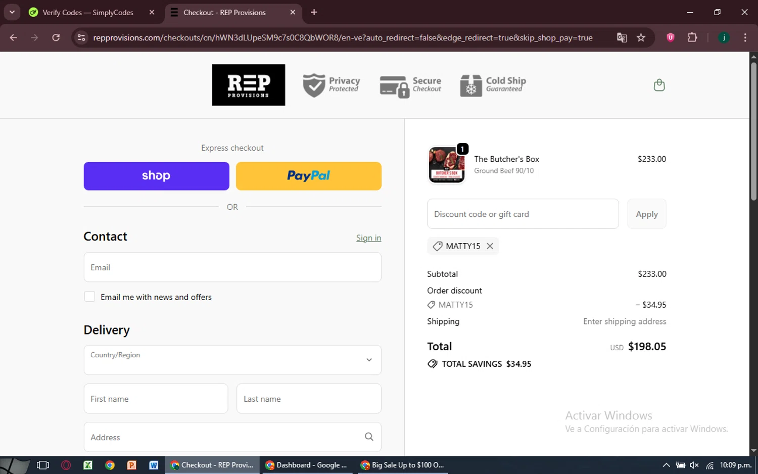 REP Provisions discount code screenshot showing code Matty15 applied at REP Provisions checkout page. Uploaded by SimplyCodes community member MoneySpotter5416 on Oct 2, 2025