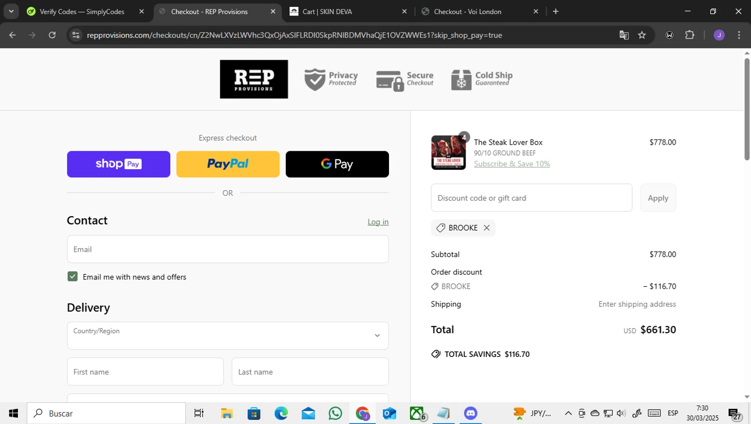 REP Provisions discount code screenshot showing code BROOKE applied at REP Provisions checkout page. Uploaded by SimplyCodes community member ENCARAMESSI on Mar 30, 2025