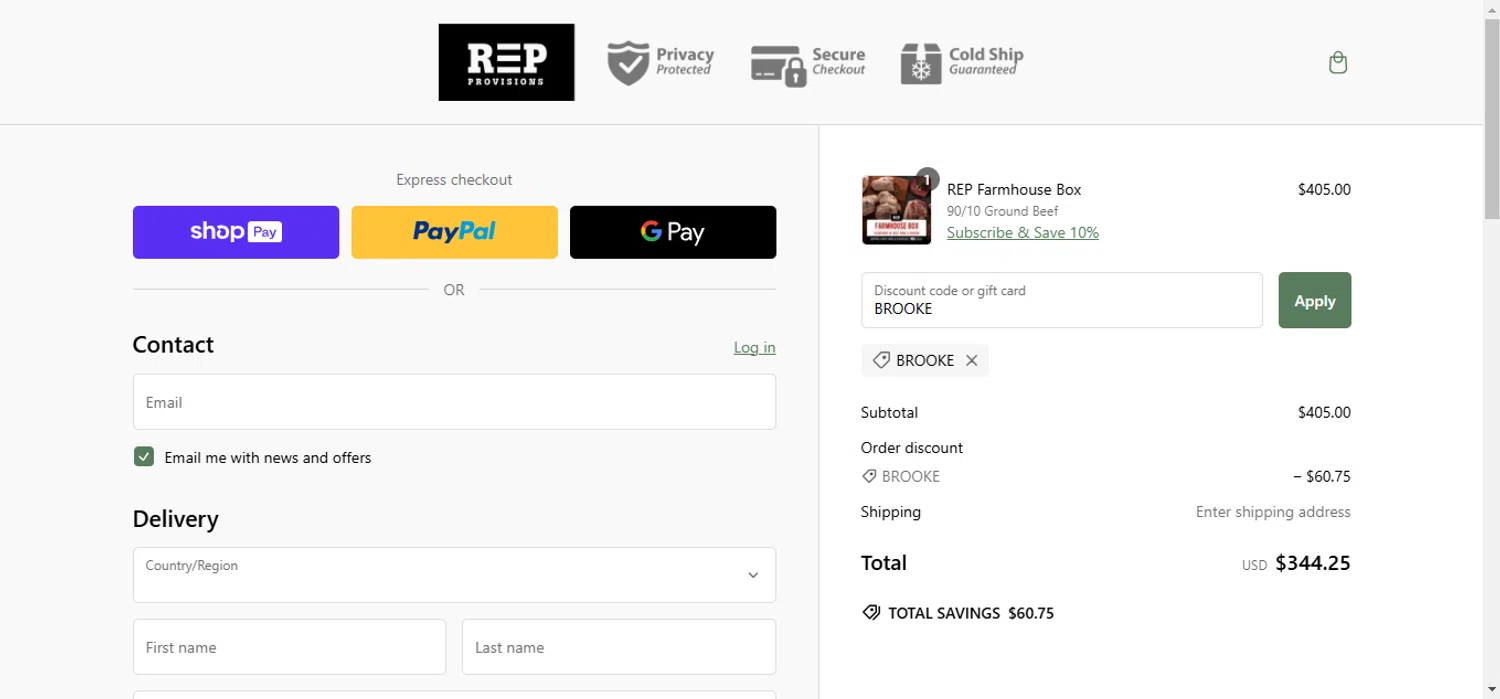 REP Provisions discount code screenshot showing code BROOKE applied at REP Provisions checkout page. Uploaded by SimplyCodes community member anosesmith on Feb 25, 2025