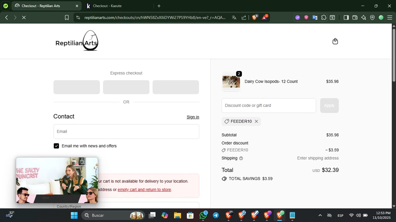 Reptilian Arts discount code screenshot showing code FEEDER10 applied at Reptilian Arts checkout page. Uploaded by SimplyCodes community member SilverKnight3628 on Nov 10, 2025