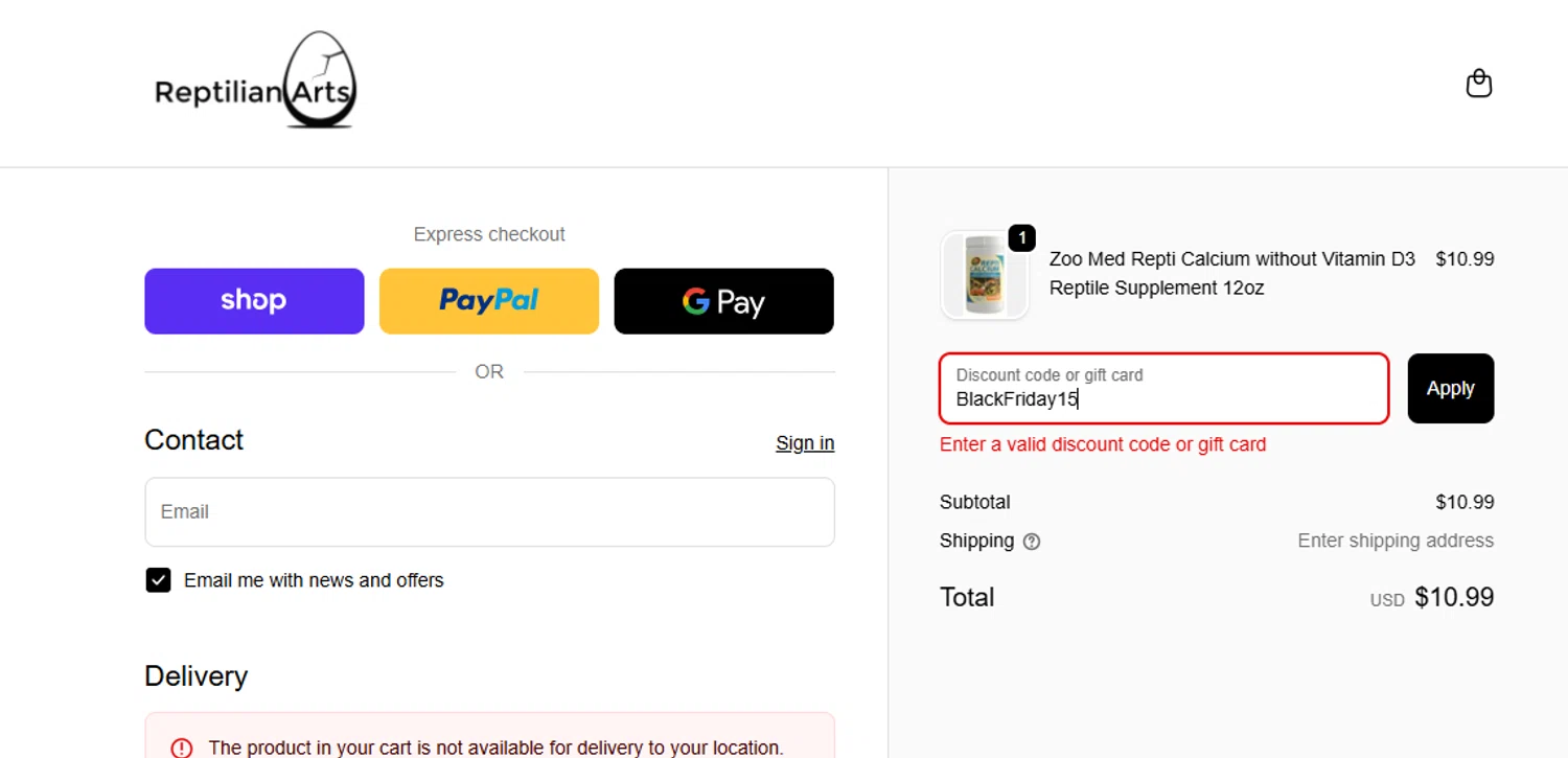 Reptilian Arts discount code screenshot showing code BlackFriday15 applied at Reptilian Arts checkout page. Uploaded by SimplyCodes community member yeresojperez on Dec 5, 2025