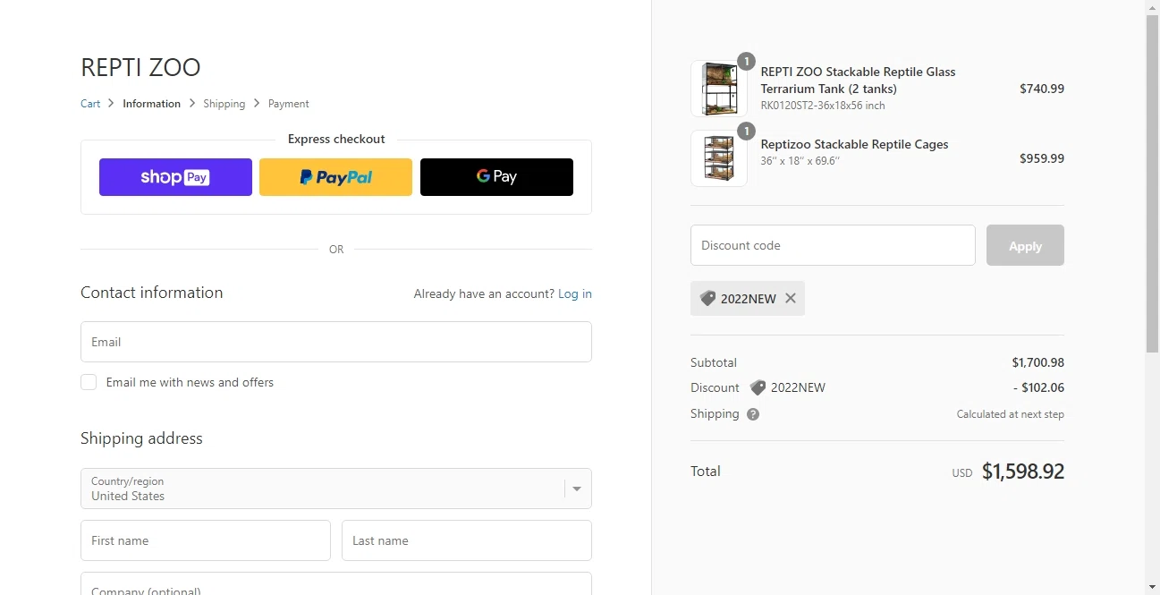 Repti Zoo checkout page showing Repti Zoo promo code box | Screenshot taken by SimplyCodes community member on Oct 13, 2022
