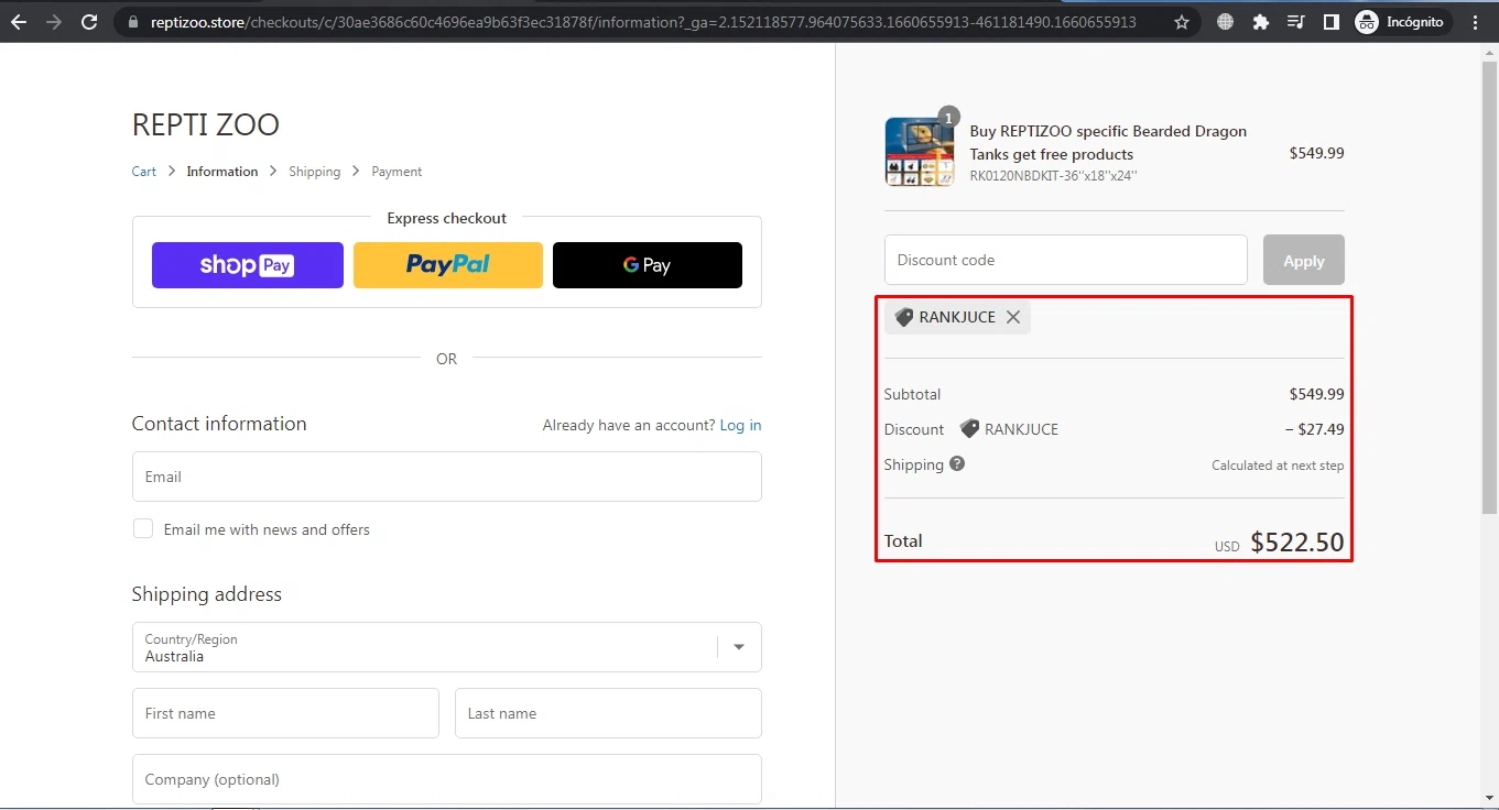 Repti Zoo checkout page showing Repti Zoo promo code box | Screenshot taken by SimplyCodes community member on Aug 16, 2022