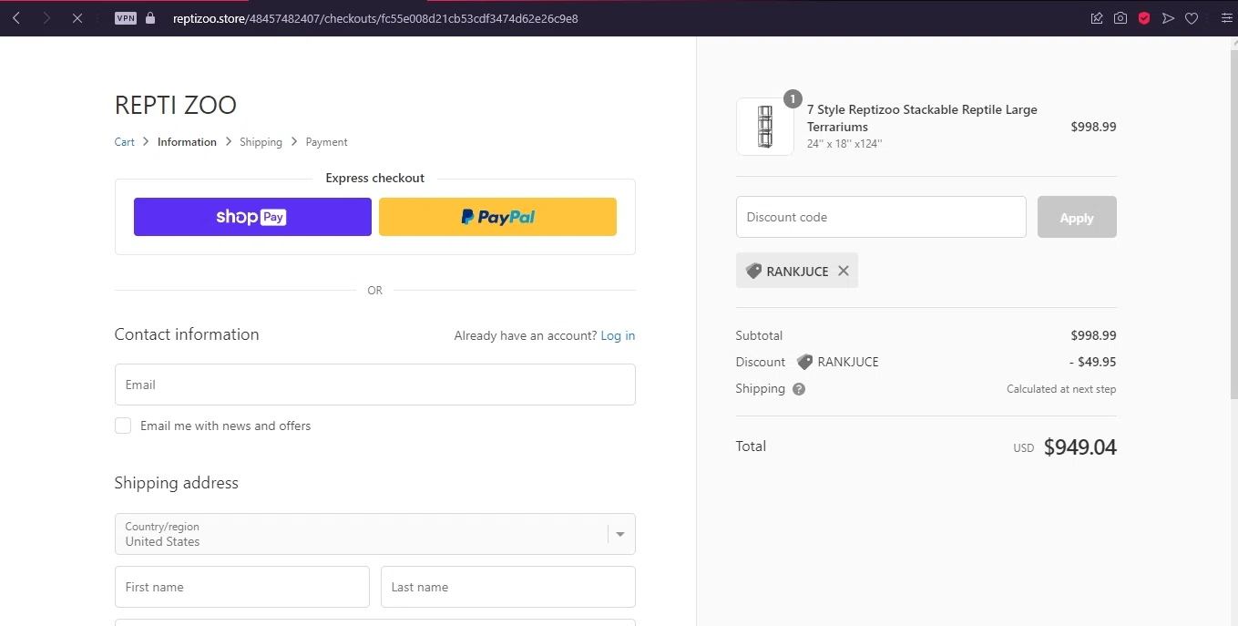 Repti Zoo checkout page showing Repti Zoo promo code box | Screenshot taken by SimplyCodes community member on Nov 11, 2022
