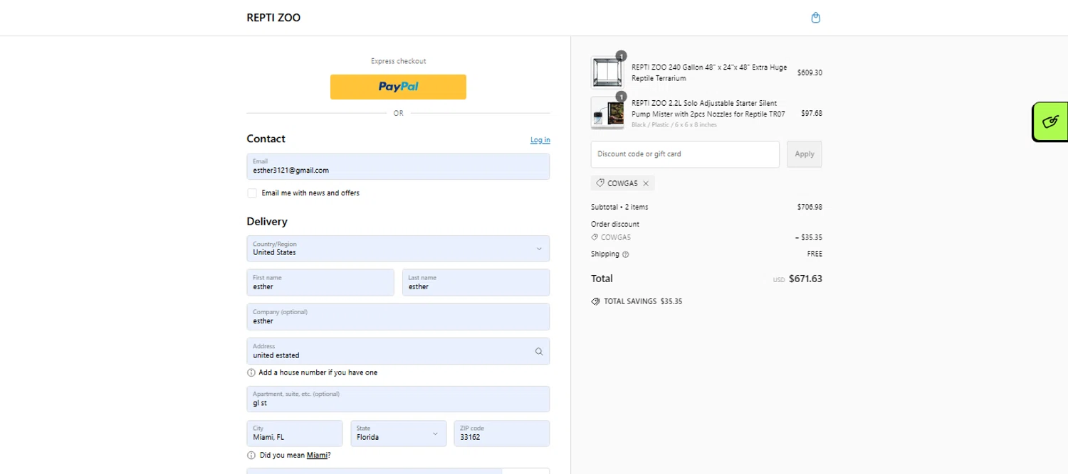 Repti Zoo promo code screenshot showing code COWGA5 applied at Repti Zoo checkout page. Uploaded by SimplyCodes community member ESTHER3121 on Sep 29, 2024