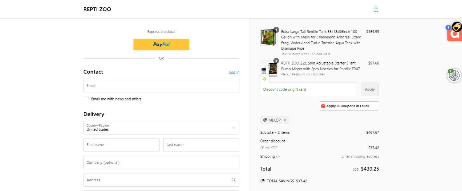 Repti Zoo promo code screenshot showing code MLKOP applied at Repti Zoo checkout page. Uploaded by SimplyCodes community member ESTHER3121 on Dec 1, 2024