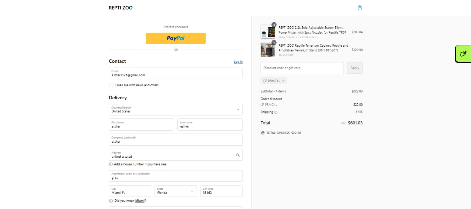 Repti Zoo promo code screenshot showing code PRMCKL applied at Repti Zoo checkout page. Uploaded by SimplyCodes community member ESTHER3121 on Sep 29, 2024