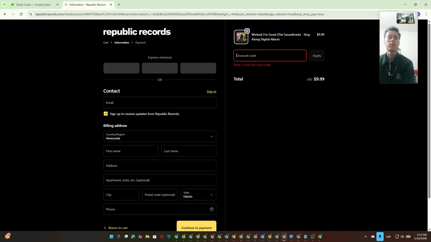 Republic Records promo code screenshot showing code LABORDAY15 applied at Republic Records checkout page. Uploaded by SimplyCodes community member CouponBoss4754 on Jan 10, 2026