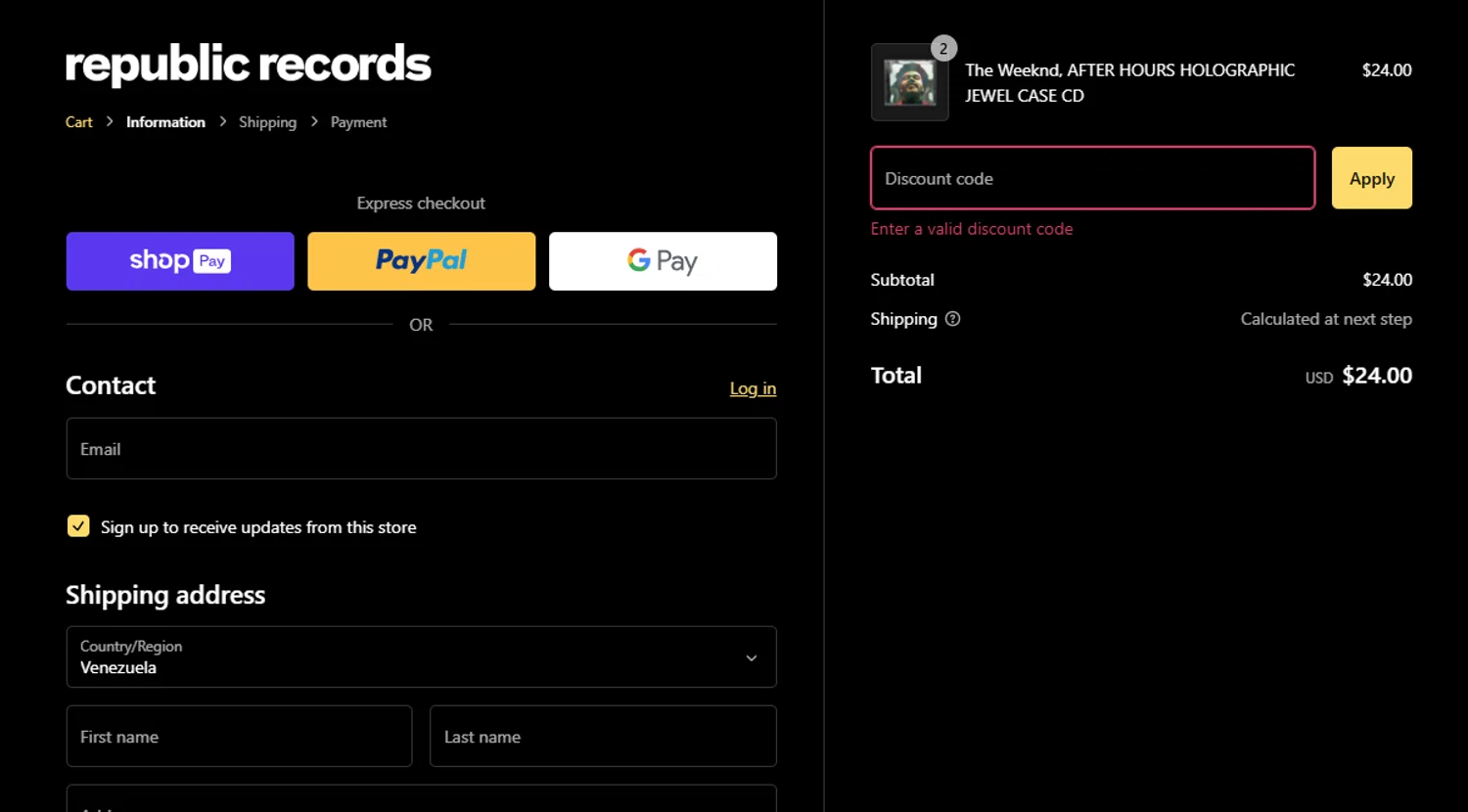 Republic Records discount code screenshot showing code summerkickoff20 applied at Republic Records checkout page. Uploaded by SimplyCodes community member SmartFinder4193 on Feb 4, 2025