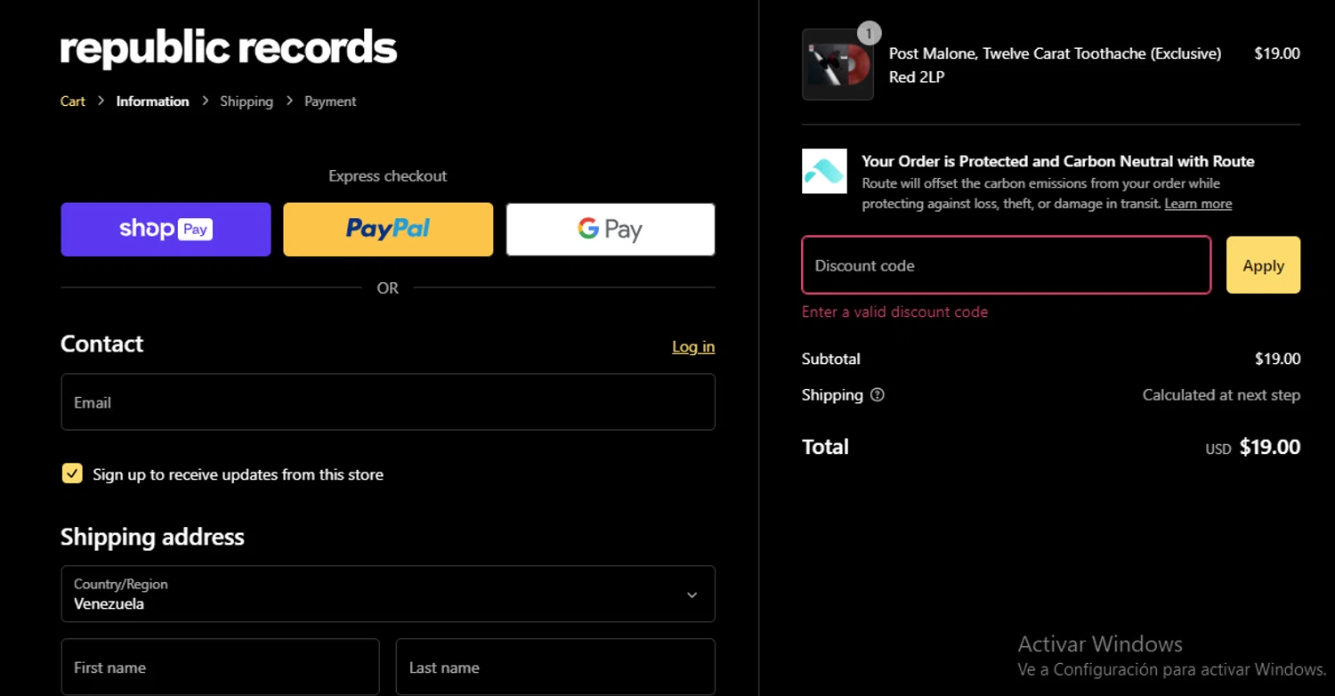 Republic Records discount code screenshot showing code LABORDAY20 applied at Republic Records checkout page. Uploaded by SimplyCodes community member ligthYA on Jan 7, 2025