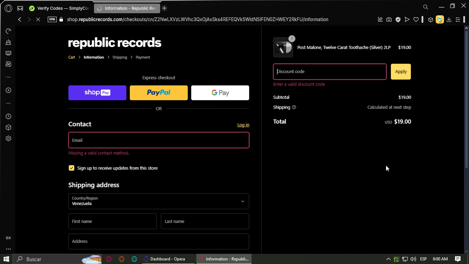 Republic Records discount code screenshot showing code LABORDAY20 applied at Republic Records checkout page. Uploaded by SimplyCodes community member Saoul_ on Feb 4, 2025