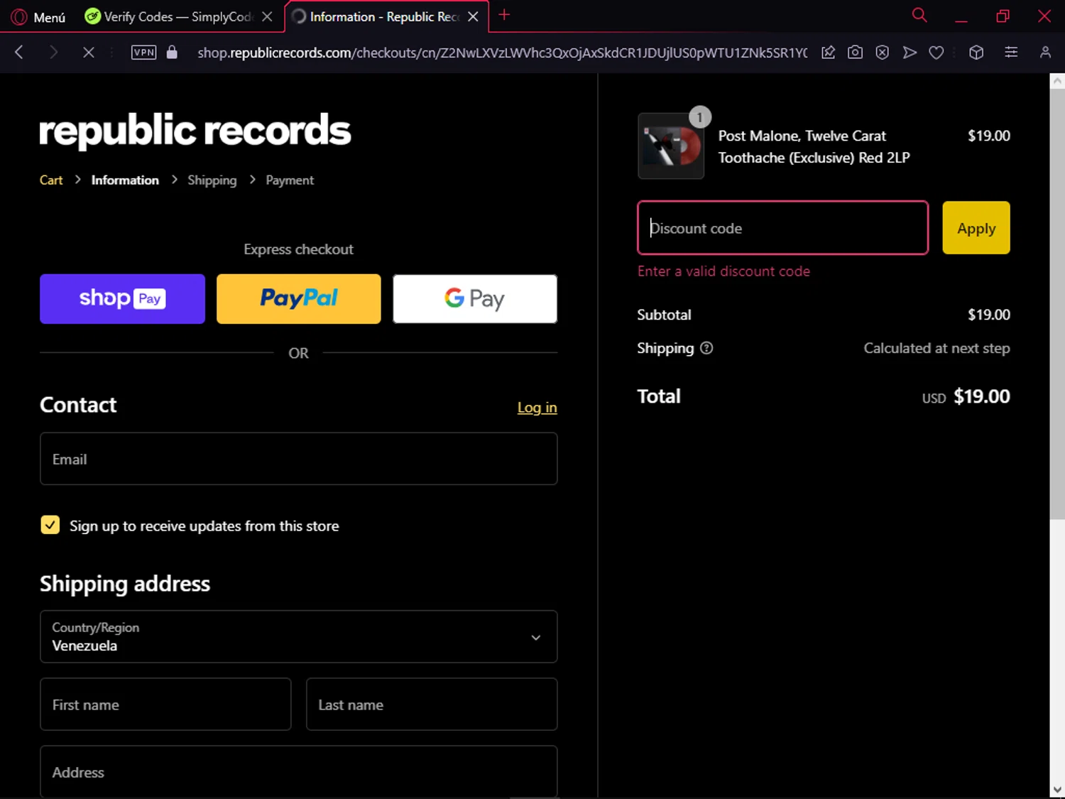 Republic Records discount code screenshot showing code LABORDAY20 applied at Republic Records checkout page. Uploaded by SimplyCodes community member mario1 on Dec 30, 2024