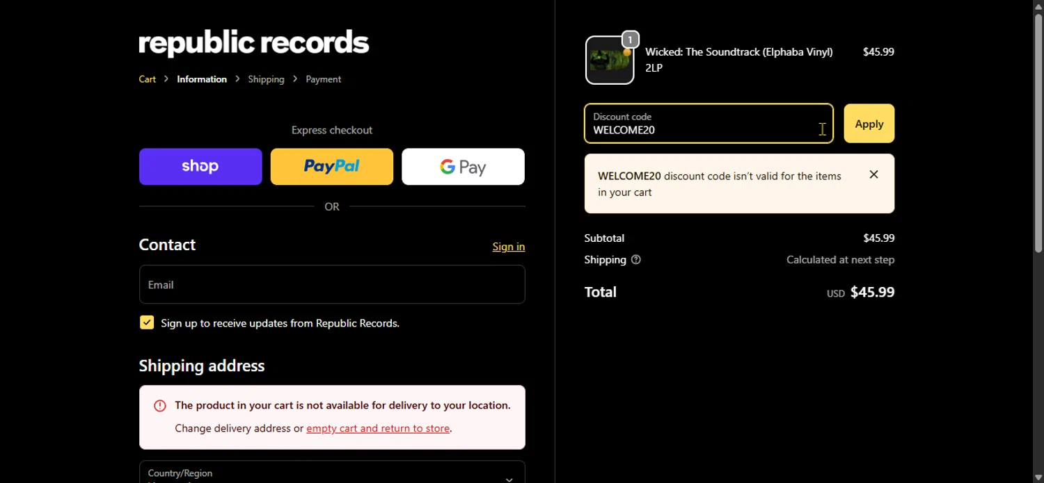 Republic Records checkout page showing Republic Records discount code box | Screenshot taken by SimplyCodes community member on Feb 11, 2026